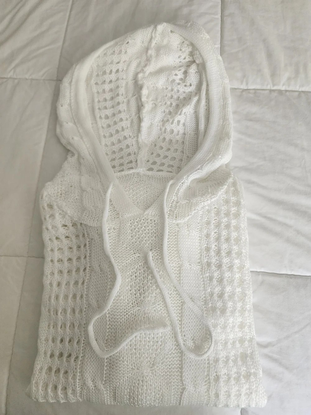 White Crochet Hooded Beach Cover-Up Sweater